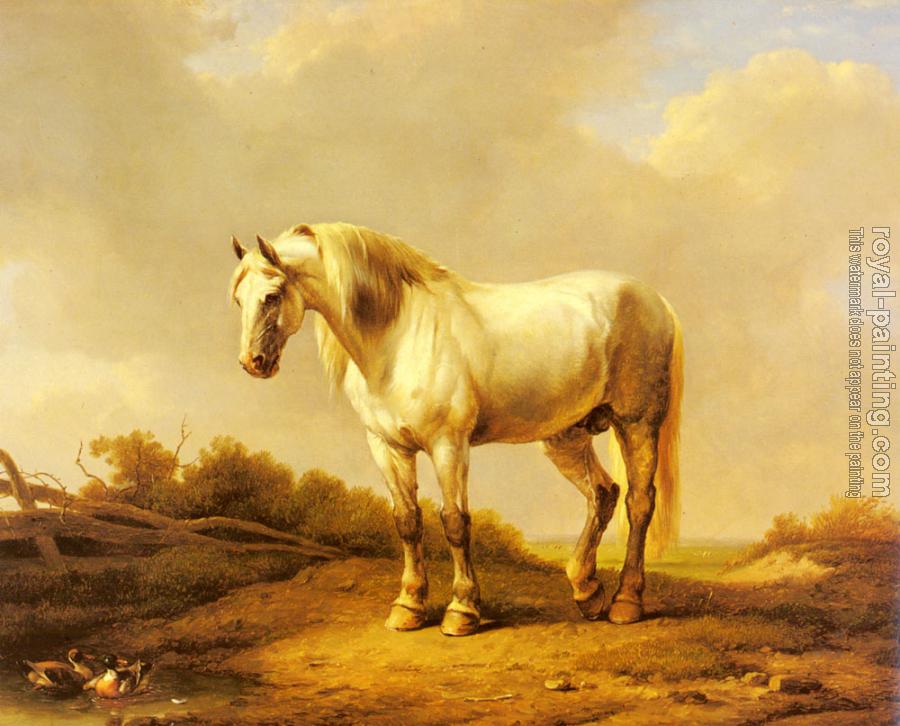 Eugene Joseph Verboeckhoven : A White Stallion In A Landscape